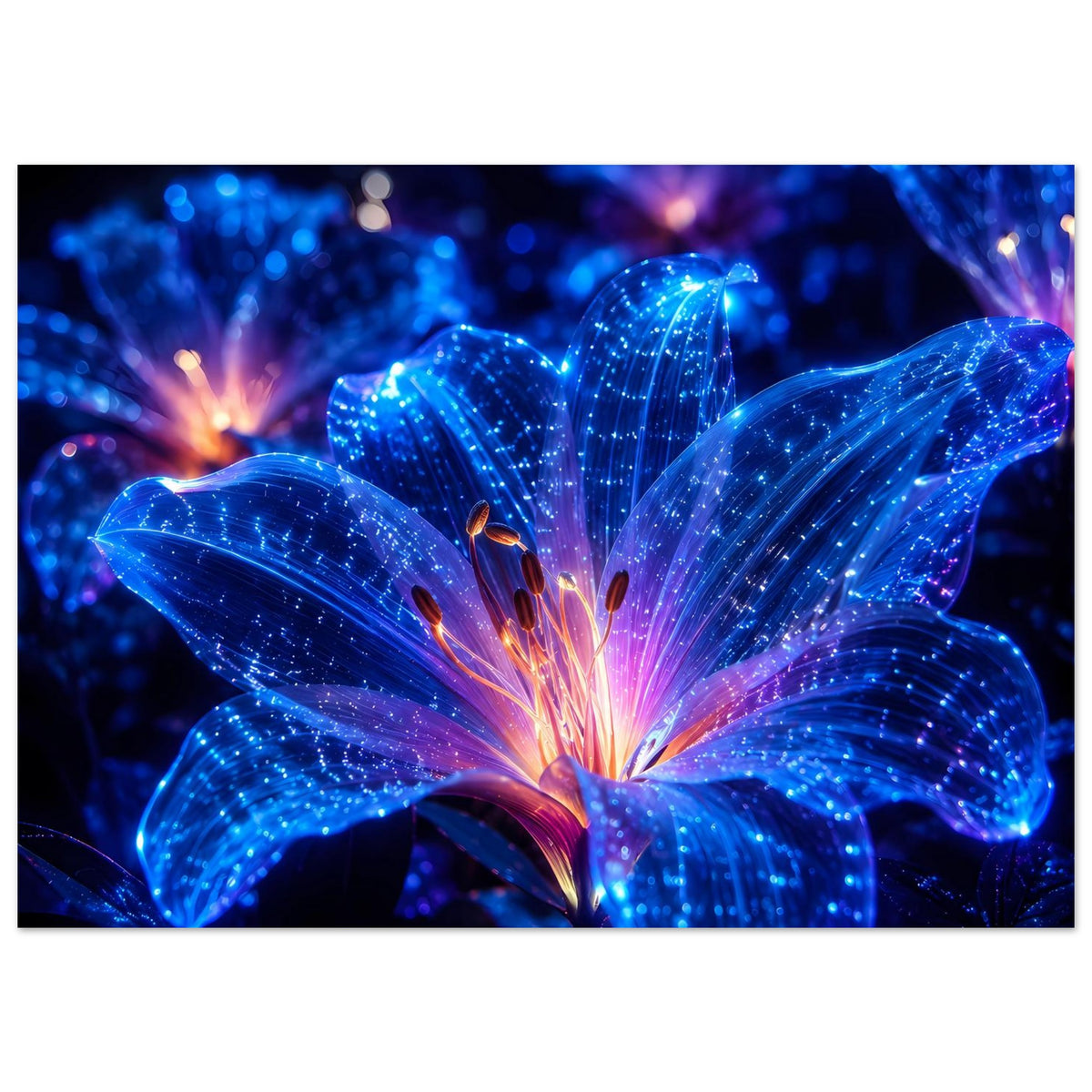Leuchtendes Blumenposter: große blaue Blüte mit Lichtstreifen, funkelnder Textur und orangefarbenem Zentrum