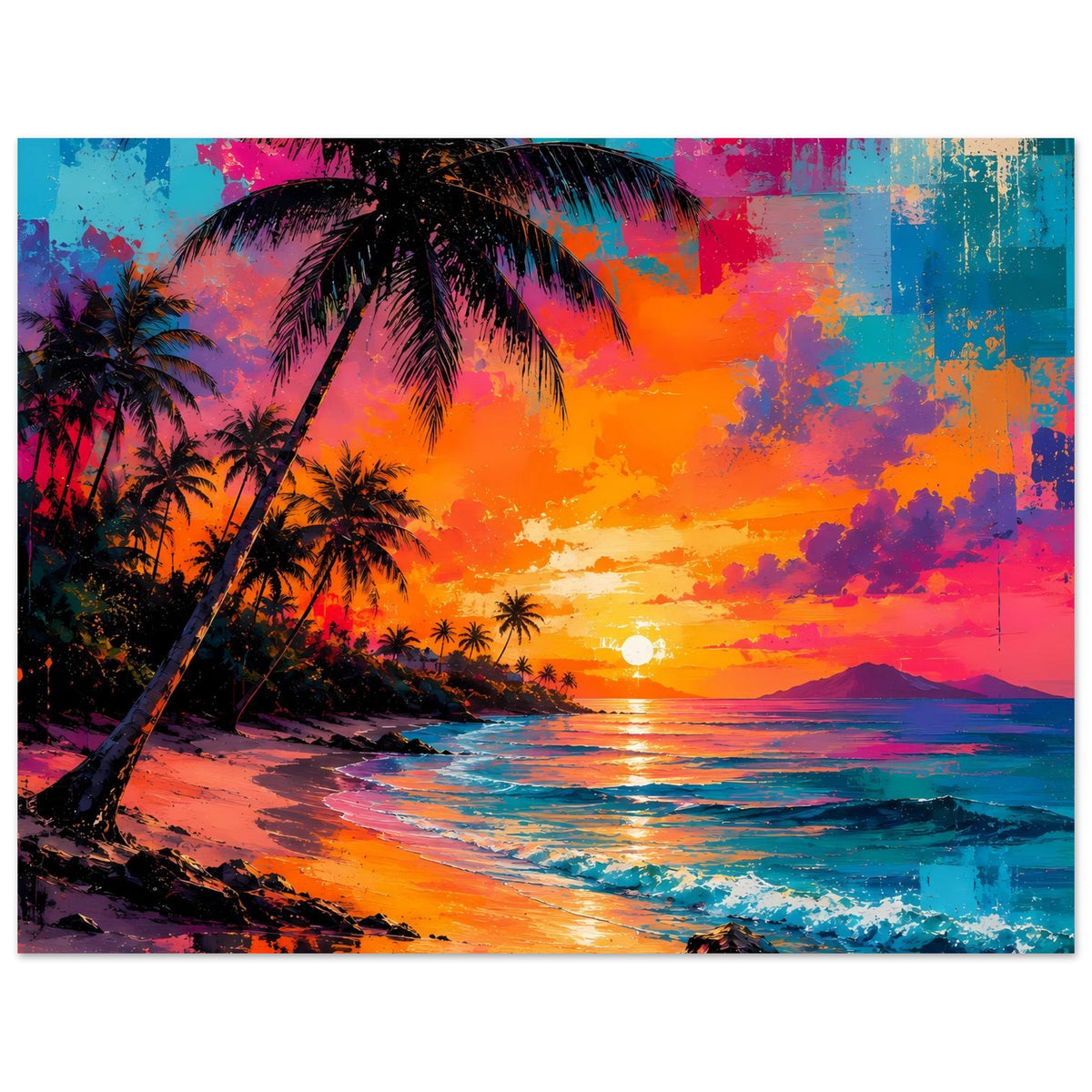 Neon-Palmenstrand-Poster im Querformat: große Palme, Sonne am Horizont, Meerblick