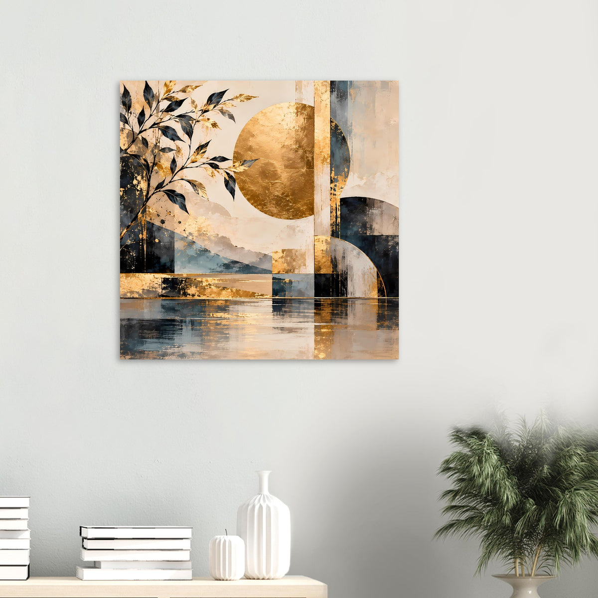 Abstraktes Kunstposter in Blau und Gold, klein an der Wand, mit Blattzweigen und Kreisform