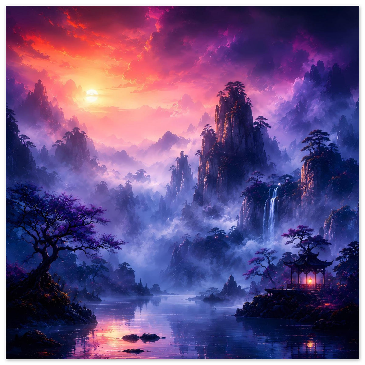 Fantasy-Poster mit nebligen Bergen, violettem Himmel und ruhigem Fluss im Abendlicht