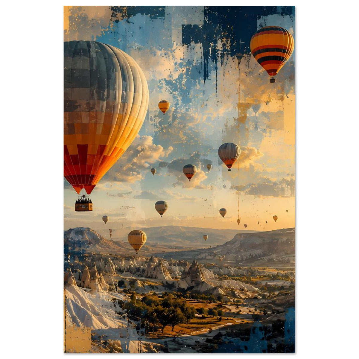 Poster mit Heißluftballons über Canyonlandschaft, goldblaues Farbdesign mit abstrakten Spritzern