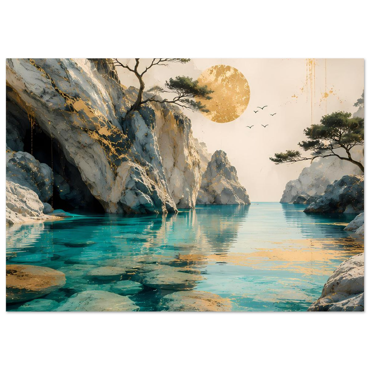 Horizontales Landschaftsposter: türkisfarbenes Wasser, Felsklippen, Baum und Vögel am Himmel