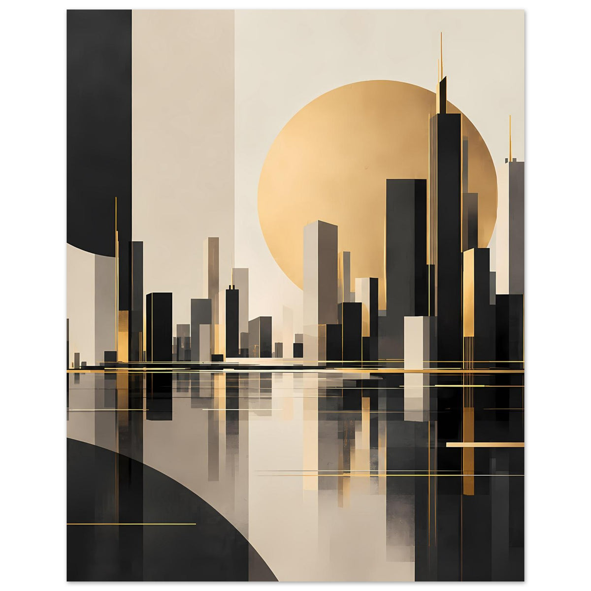 Art-Deco-Poster im Querformat: schwarze Skyline, goldene Akzente, beiger Mond über Reflexion.
