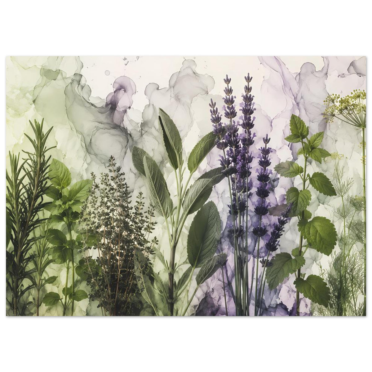 Botanisches Poster mit Lavendel und Kräuterpflanzen in Aquarellfarben, querformatig