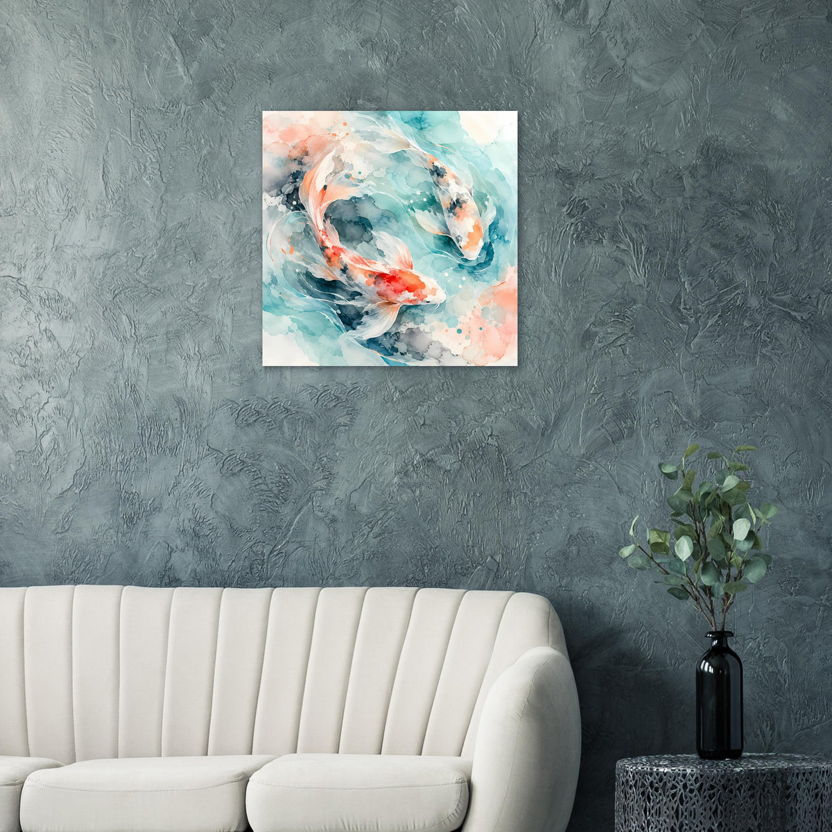 Koi-Fische Poster, quadratisch, Aquarellfarben in Türkis, Blau und Korallrot