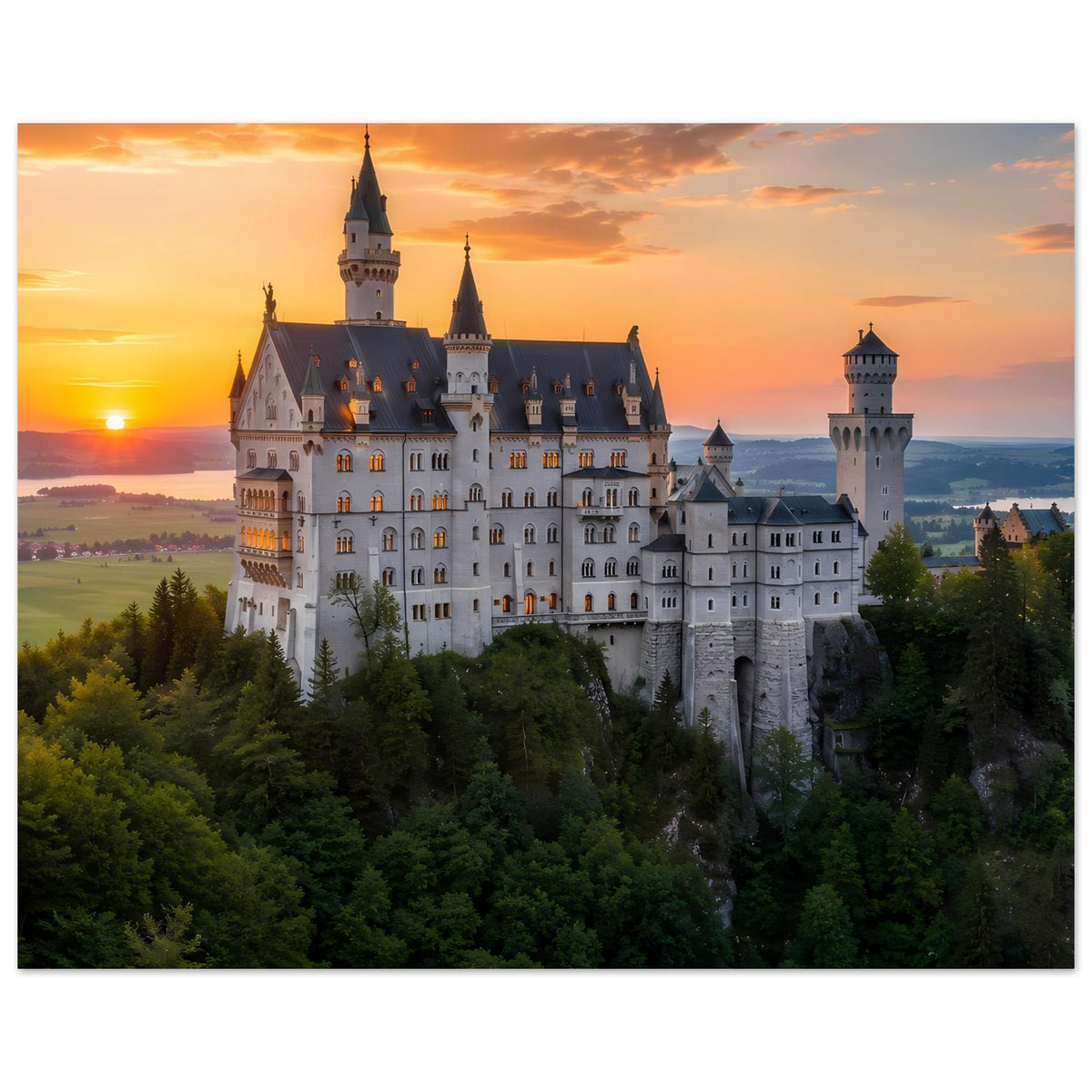 Poster im Querformat: Schlossansicht mit Türmen und Dächern, Wald im Vordergrund