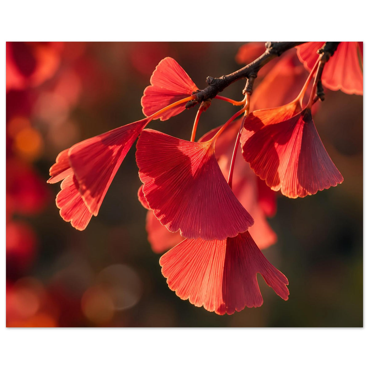 Poster mit roten Ginkgo-Blättern am Zweig, Nahansicht