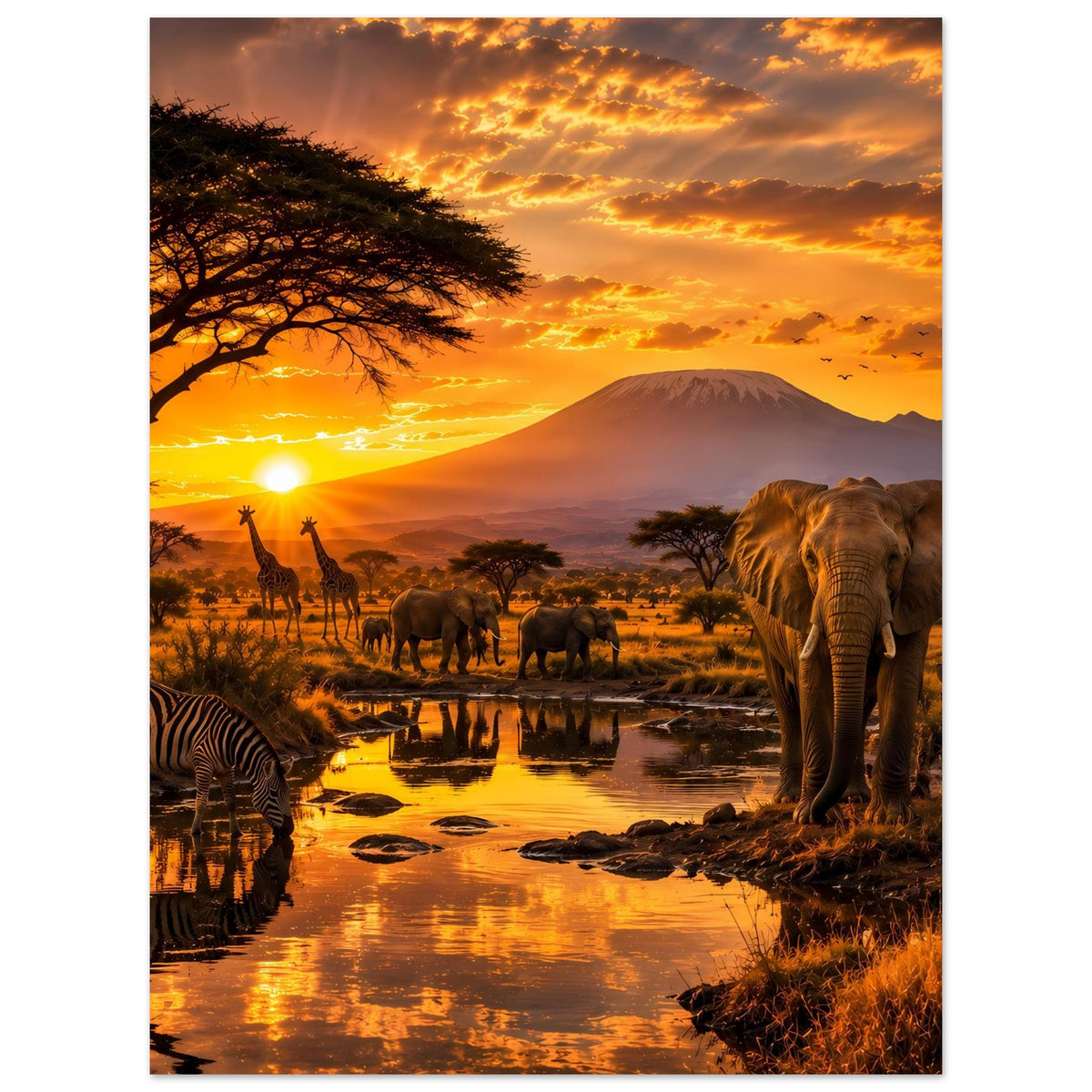 Hochformatiges Wildlife-Poster mit Elefanten, Zebras und Giraffen bei Sonnenuntergang