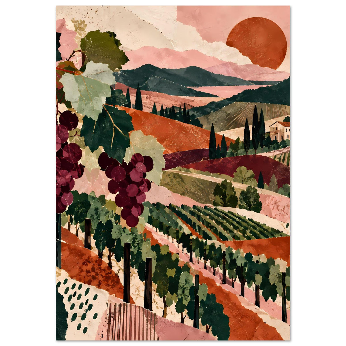 Weinrebenposter mit roten Trauben, kaskadierenden Weinbergen, Hügeln und kleinem Haus