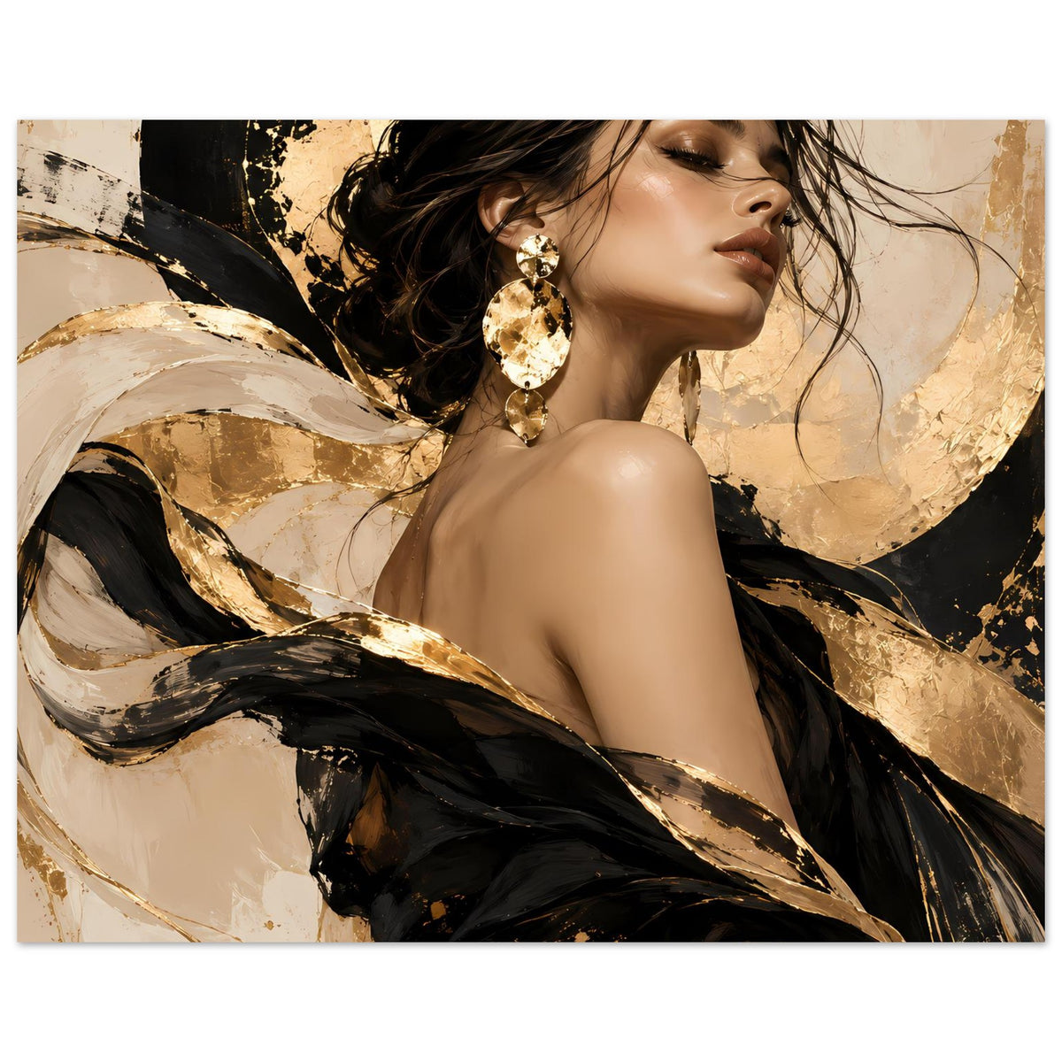 Frauenportrait-Poster: Profilansicht, schwarze und goldene Pinselstriche, goldene Statement-Ohrringe