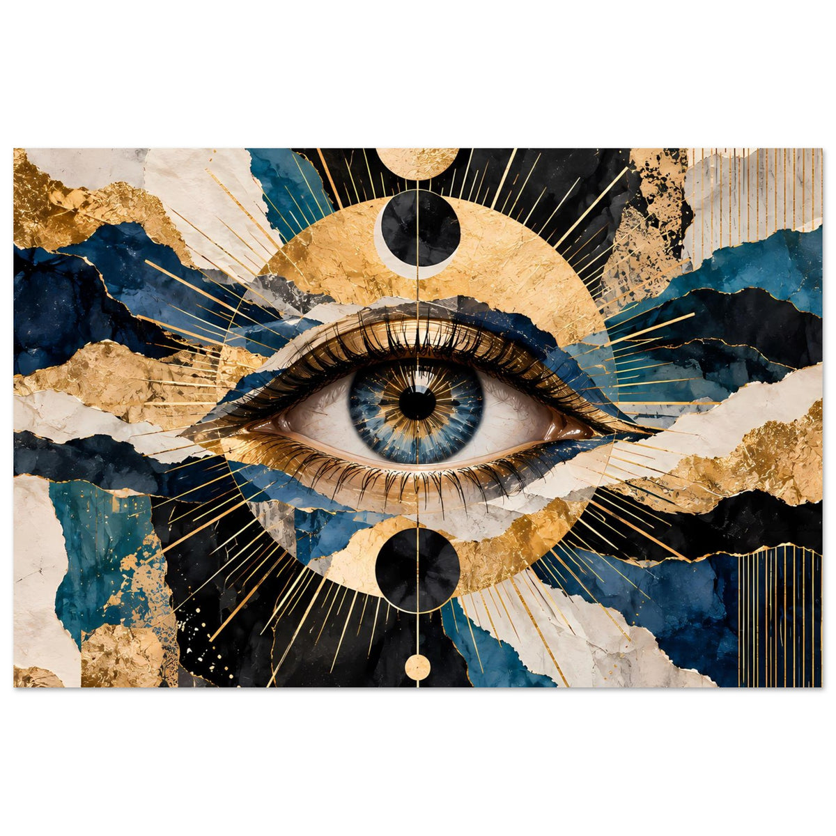 Breites Kunstposter mit Auge-Motiv, blau/gold abstrakte Texturen und feine Strahlenlinien