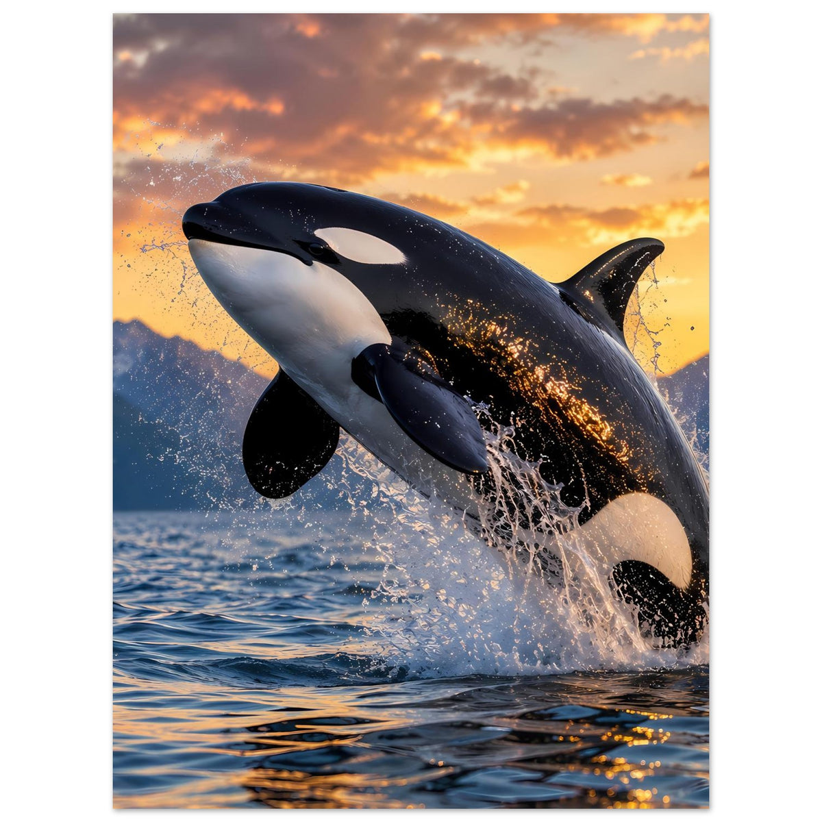 Poster mit Orca-Sprung: schwarzer und weißer Wal mit Spritzwasser aus dem Meer.