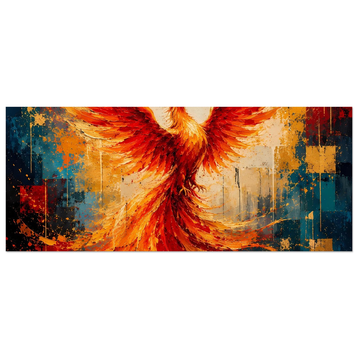 Horizontales Phönix-Poster, Fokus auf rote Flügel mit abstrakten Stadtformen