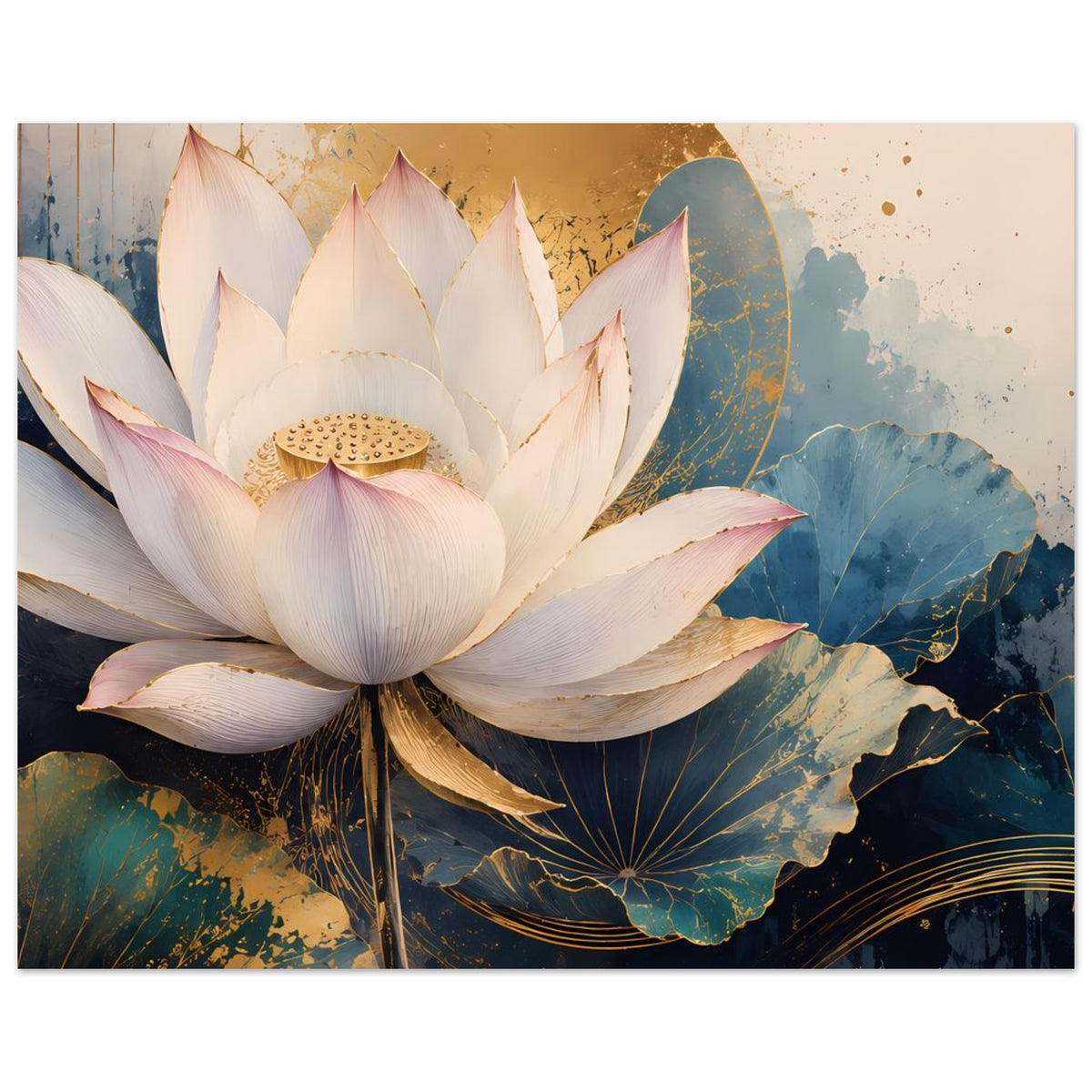 Poster zeigt weiße Lotusblüte mit goldener Fläche und blauem Blattornament