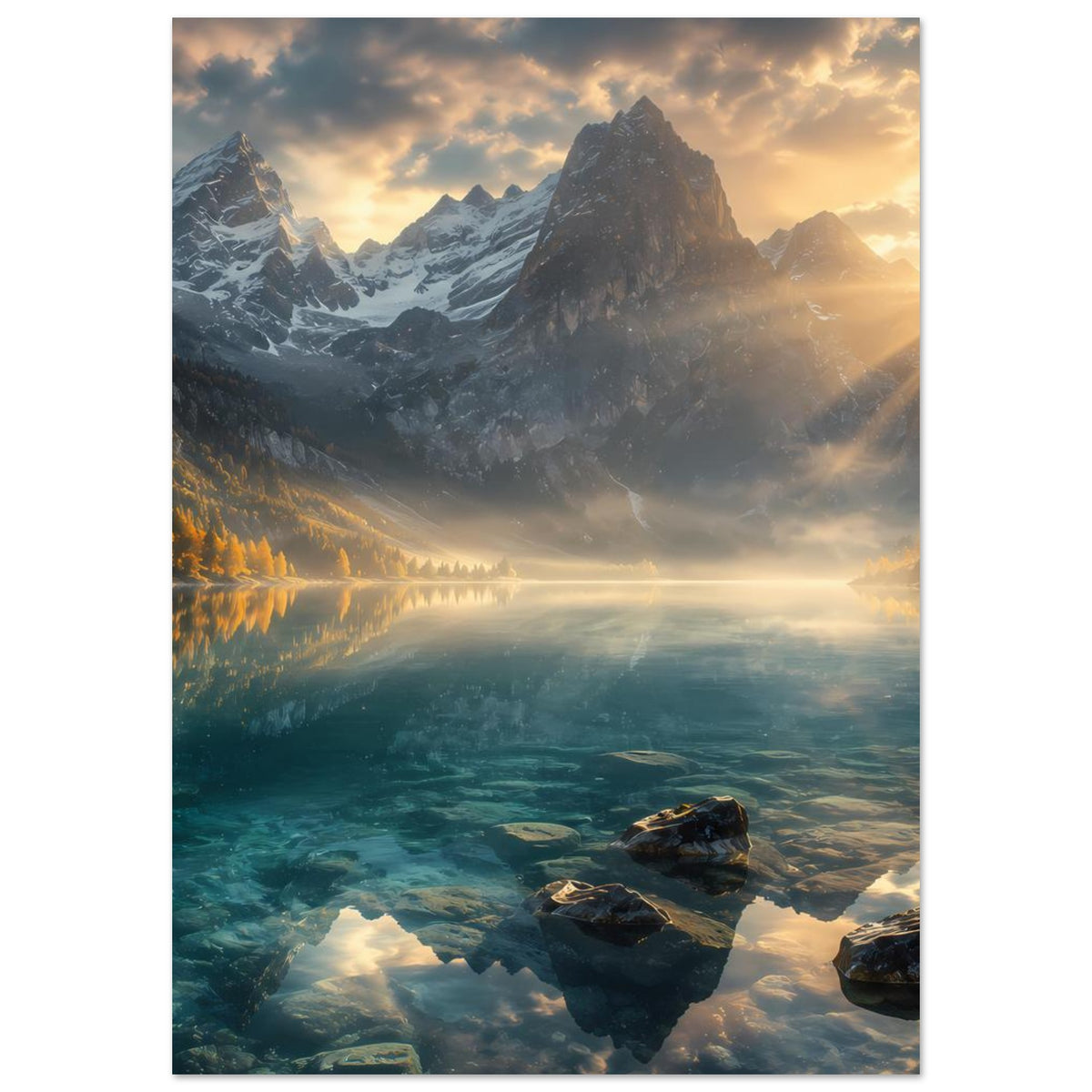 Vertikales Landschaftsposter: schneebedeckte Berge, Nebelstreifen, Sonnenlicht über dem türkisblauen Wasser