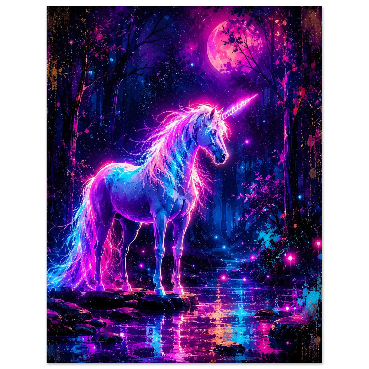 Neon-Einhorn-Poster, Einhorn seitlich stehend, Regenbogenmähne und leuchtende Details