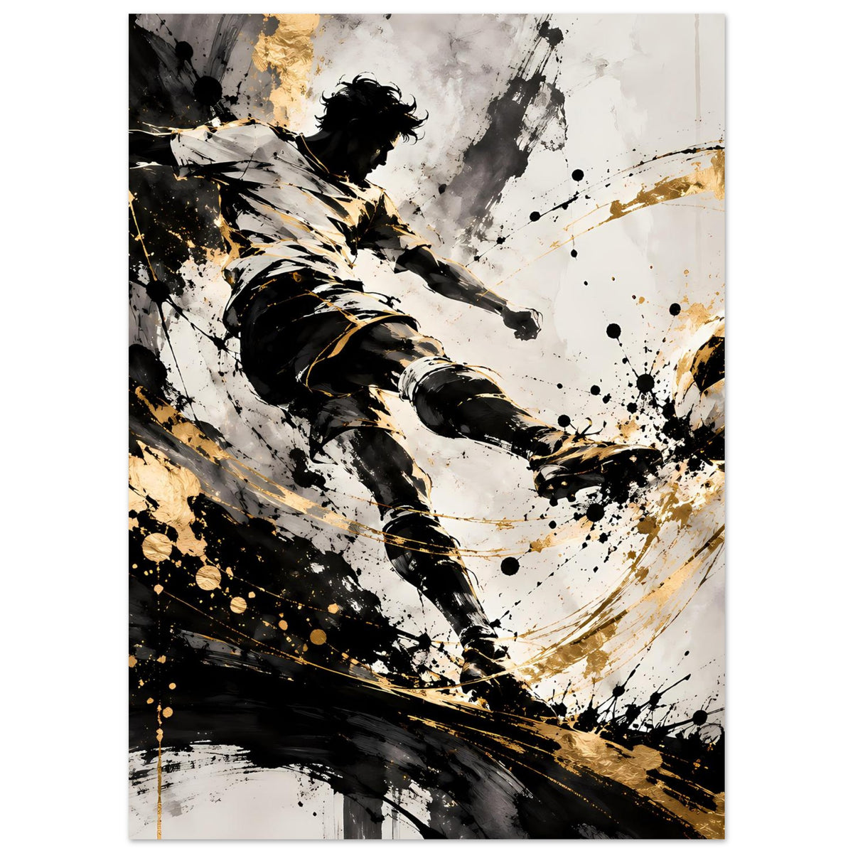 Hochformatiges Poster: Fußballspieler in Schwarz-Gold mit Schussbewegung, schwarze und goldene Spritzer