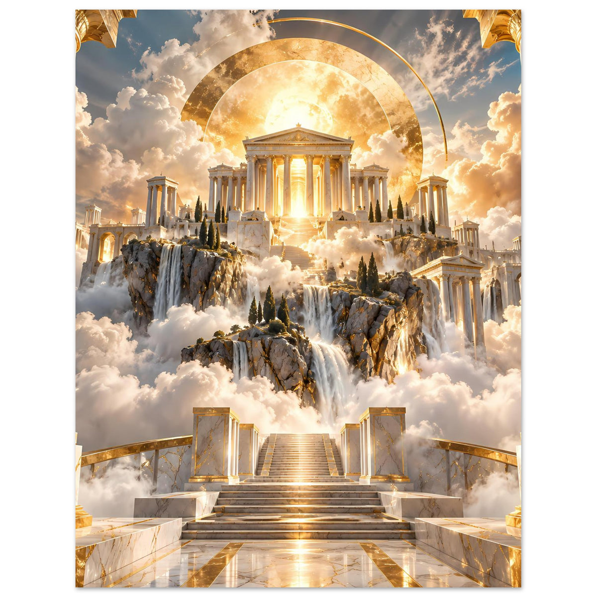 Poster im Hochformat mit Tempelansicht, Lichtbogen, Wasserfällen und schimmernder Marmortreppe