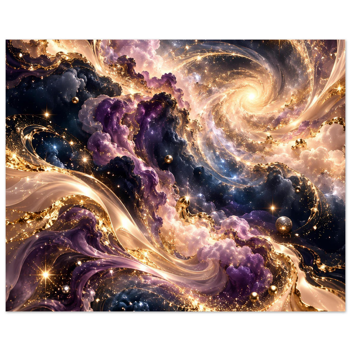 Hochformatiger Kunstdruck, konzentrierte Spiralwirbel aus Gold und Violett