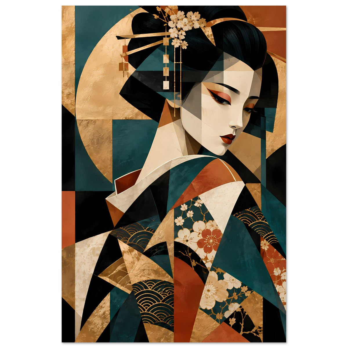 Kunstposter mit Geisha im Profilblick, schwarzes Haar, goldene Akzente und blumiger Kimono
