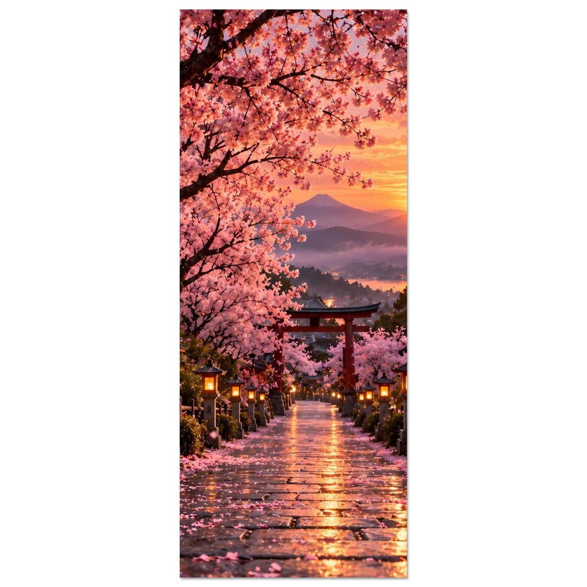 Hochformatiges Poster mit Torii-Tor über Kirschblütenweg und goldener Abendsonne