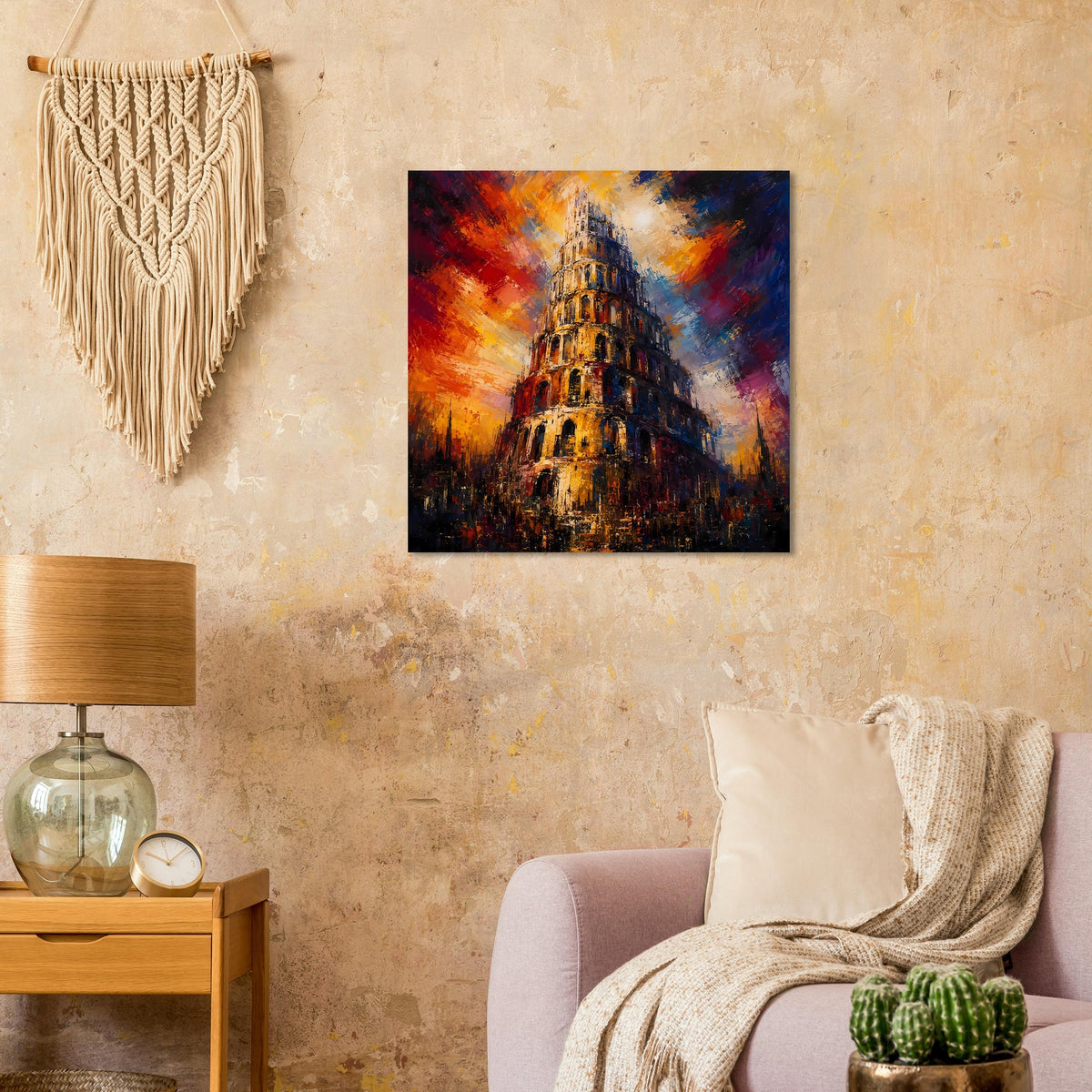 Quadratisches Poster mit Turm von Babel, warmen Orange- und Blautönen im Farbverlauf.