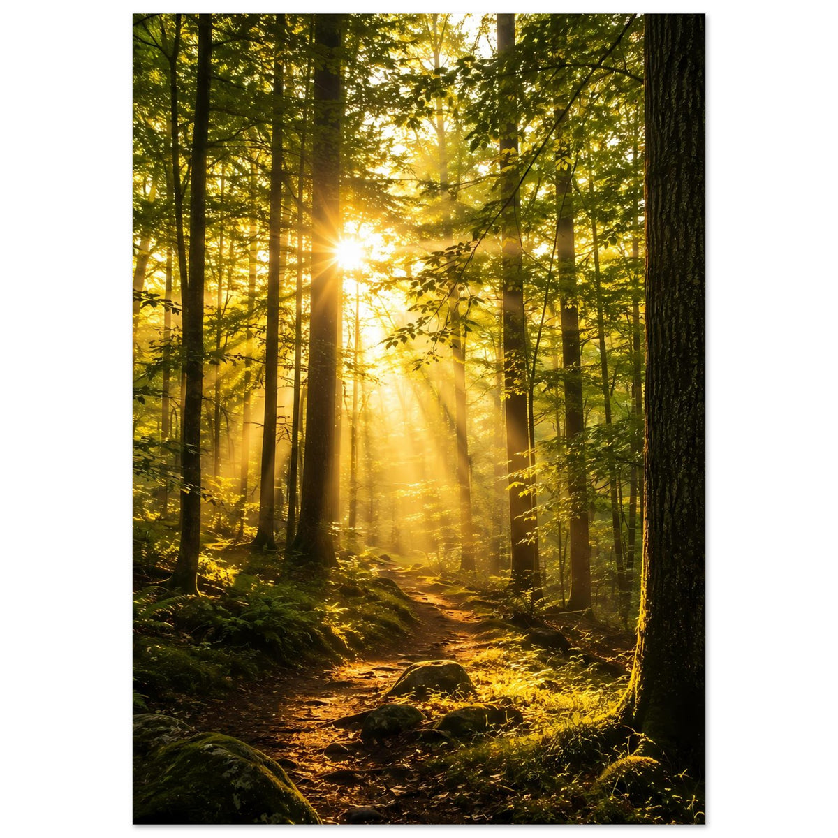 Poster: Waldlandschaft beim Sonnenaufgang, starke Lichtkegel über einem Pfad mit Moos