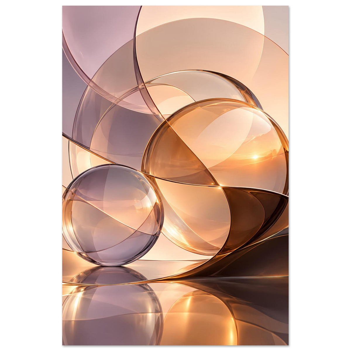 Poster mit abstrakten Glaskugeln in warmen Beige-, Orange- und Violetttönen, hochkant.