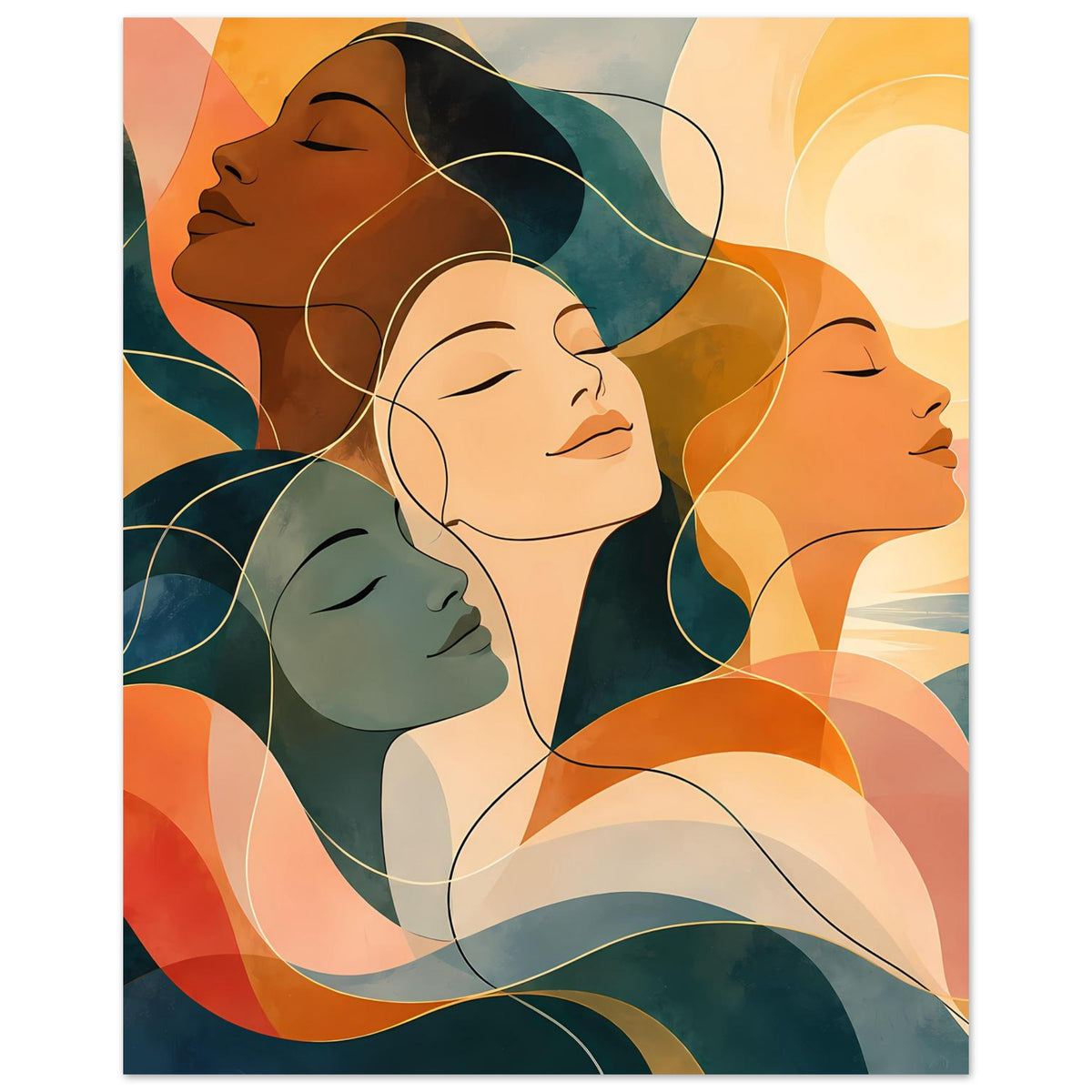 Kunstposter mit vier stilisierten Frauen in Orange-, Grün- und Blautönen, ruhige Gesichter