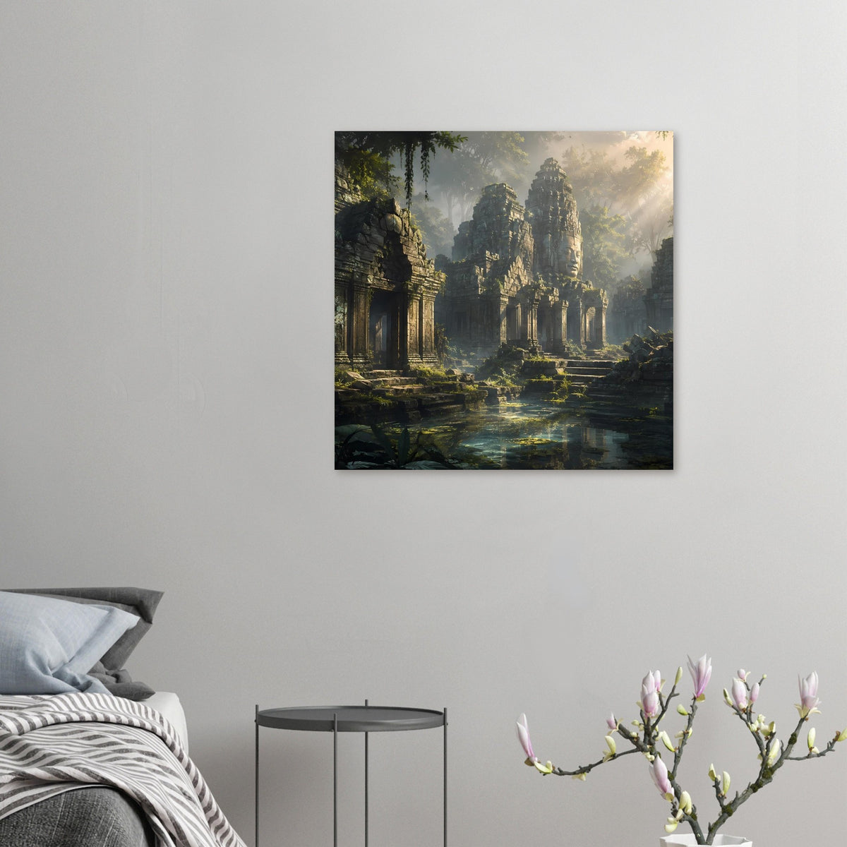 Poster mit Tempelruinen im Dschungel, steinerne Säulen zwischen Licht und Nebelschwaden