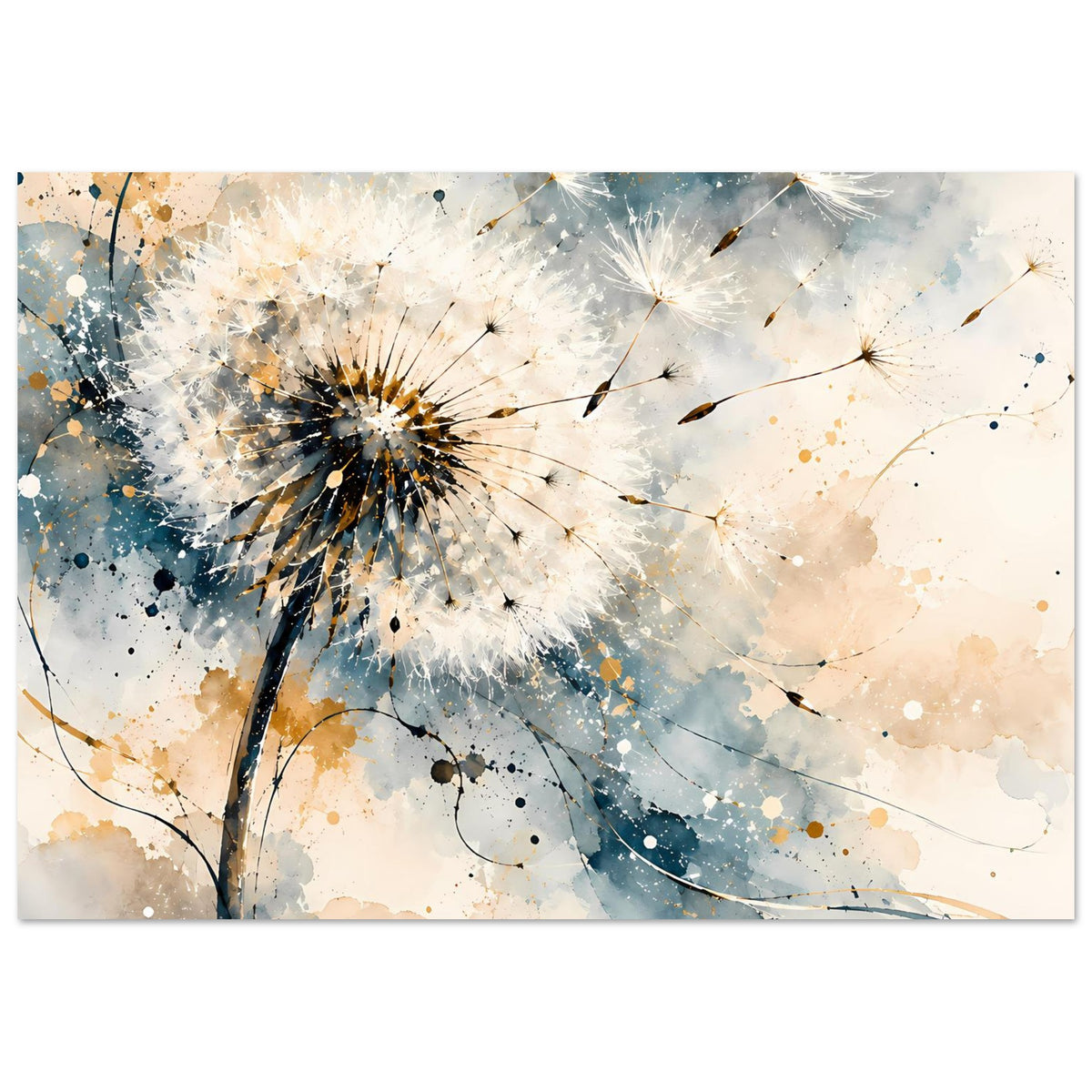Kunstposter mit Pusteblumenmotiv, Blau- und Goldtöne, mit weißem Rahmen