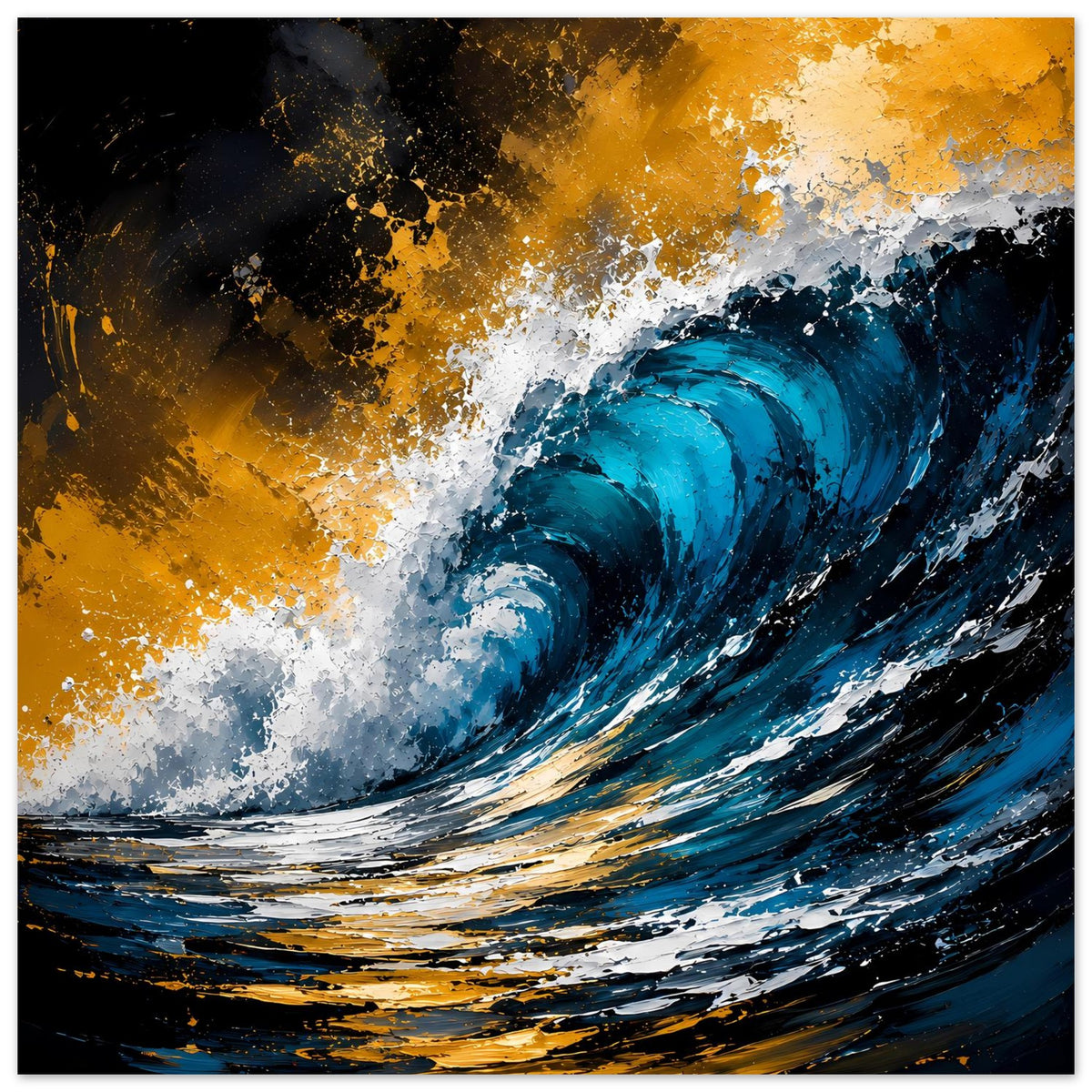 Horizontales Poster mit abstrakter Welle in Blau und Gold, schwarze Akzente, schaumig