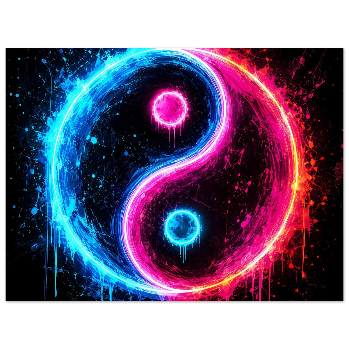 Poster im Hochformat: leuchtendes Yin-Yang in Neonblau und Neonpink, bunte Sprenkel