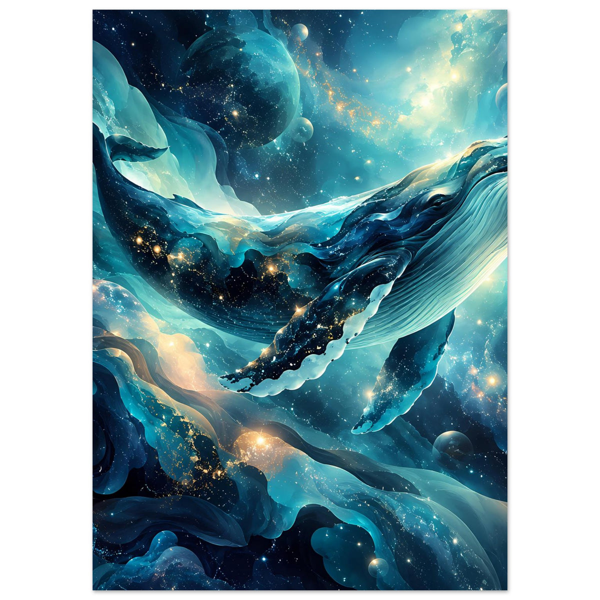Poster mit Wal und goldenen Lichtpunkten, türkisblaues Wasser und Sterne