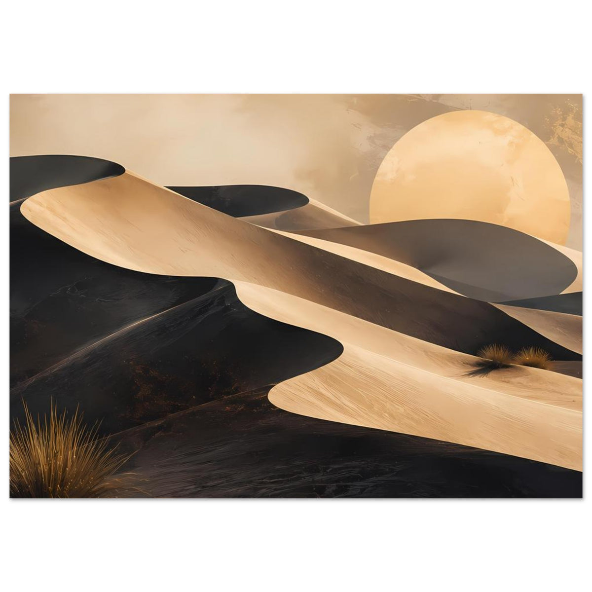 Wüstenposter mit goldenen Dünenlinien, hellem Mond und dunklem Sand