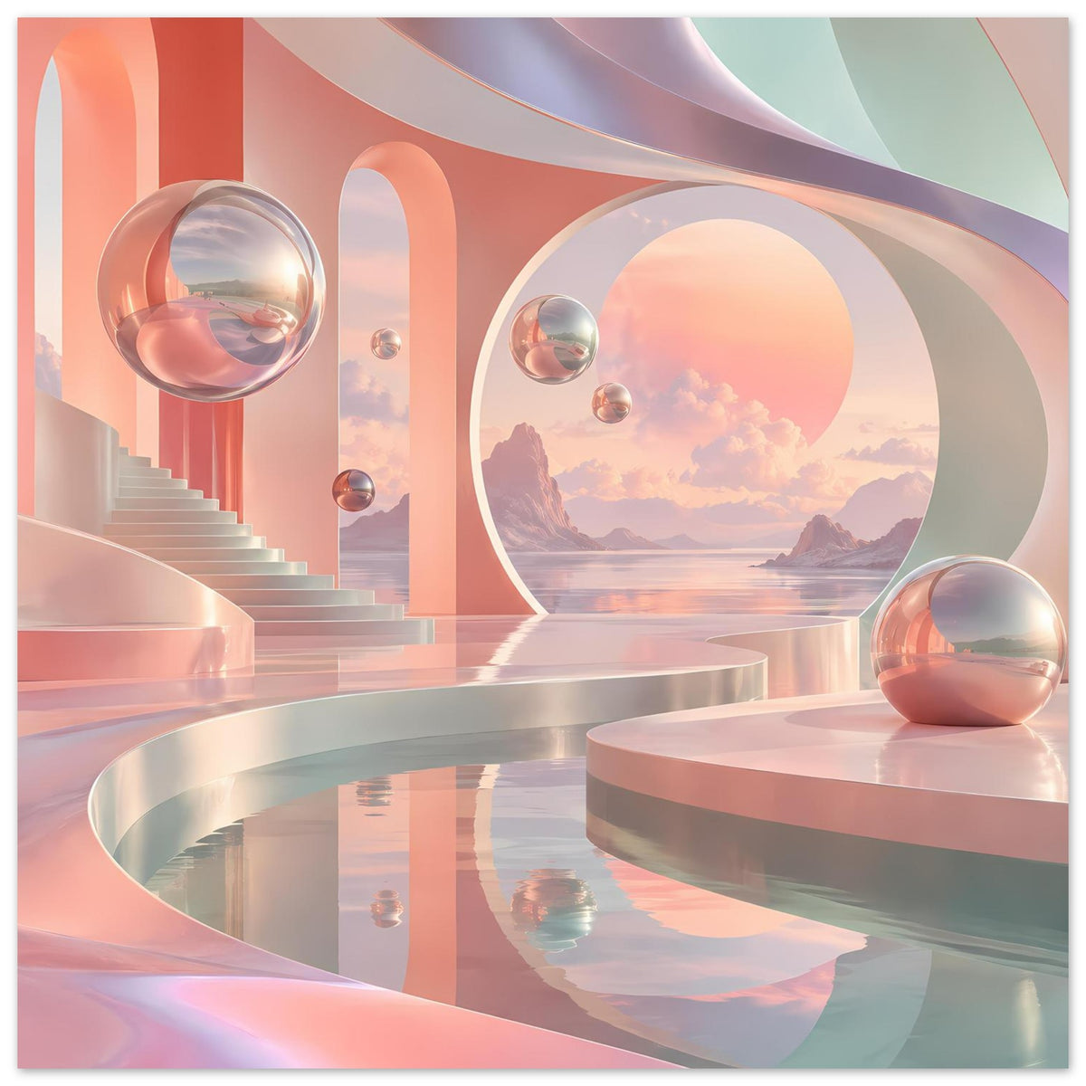 Vertikales Poster mit pastellfarbenen Bögen, reflektierenden Kugeln und Landschaft im Hintergrund