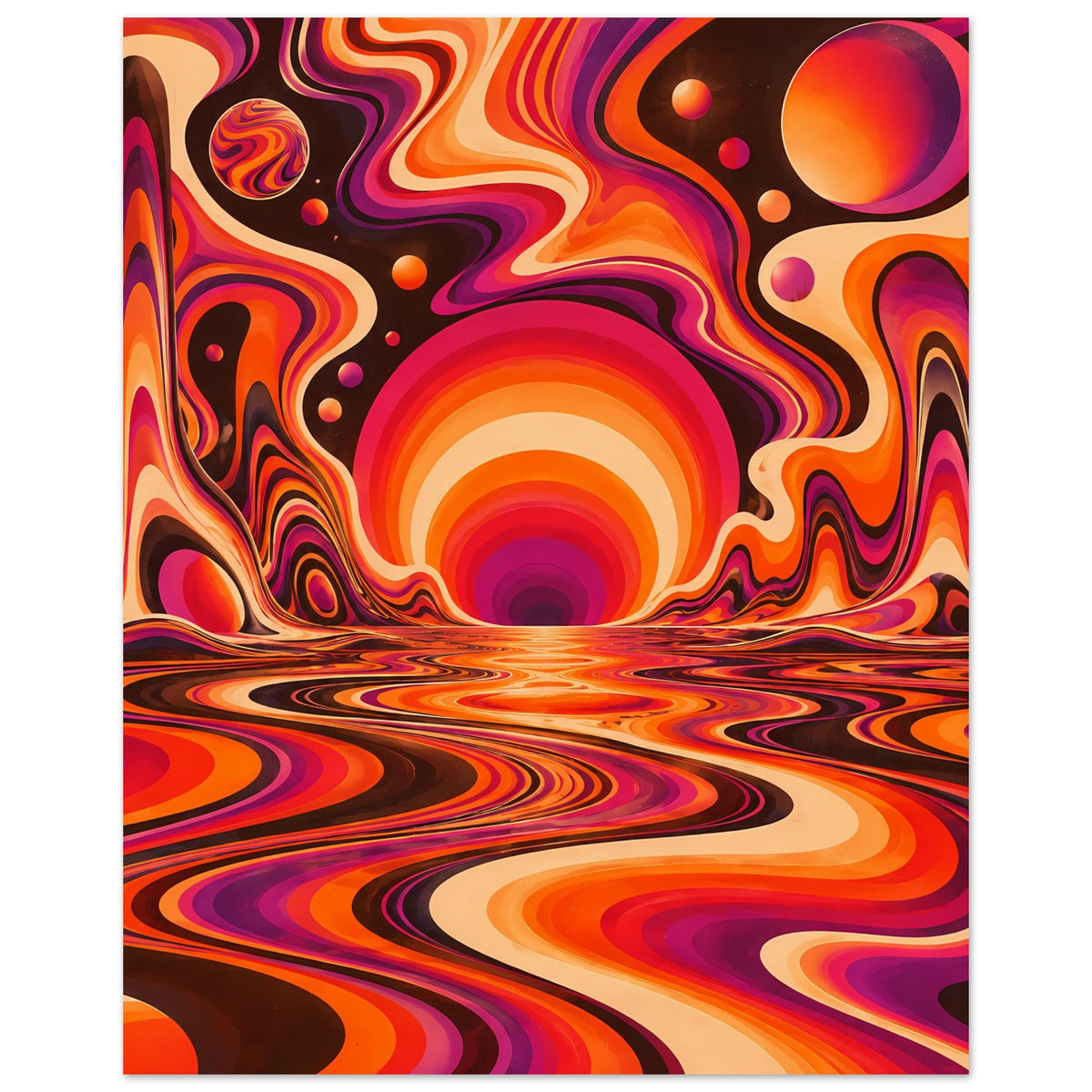 Vertikales Poster mit Sonnenkugel und geschwungenen Wellenformen in Orange und Lila