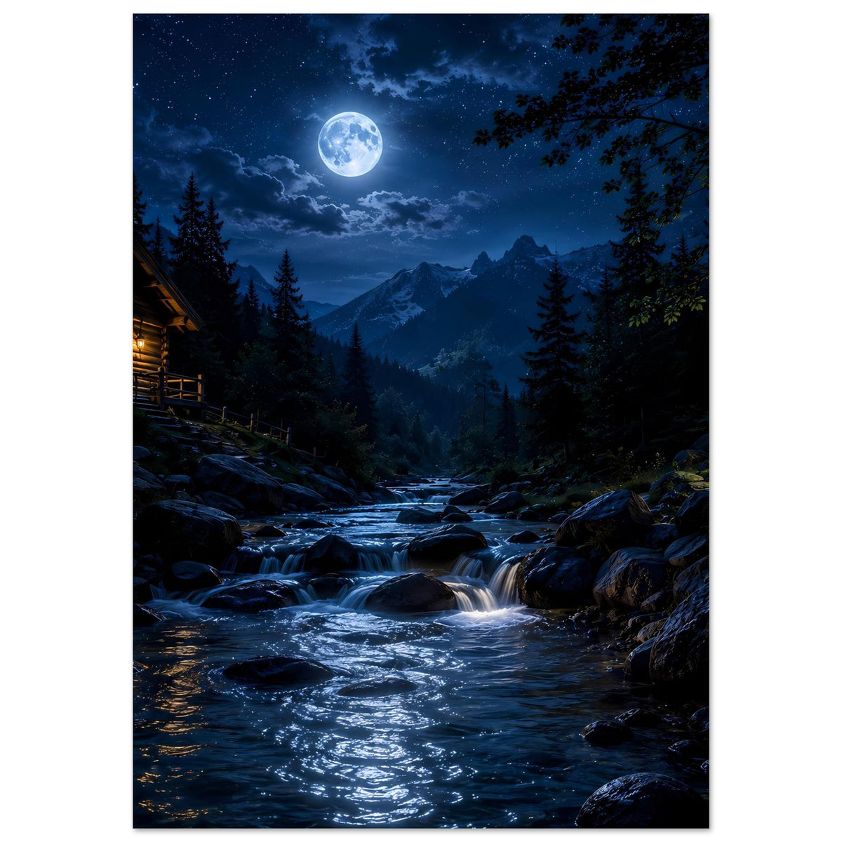 Vertikales Poster: Mond über Bach zwischen Bäumen, kühles Nachtblau, leuchtende Strömung