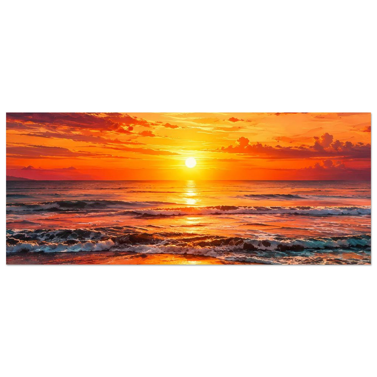 Wandposter mit Sonnenaufgang über dem Meer, orangegelber Himmel und Wellen