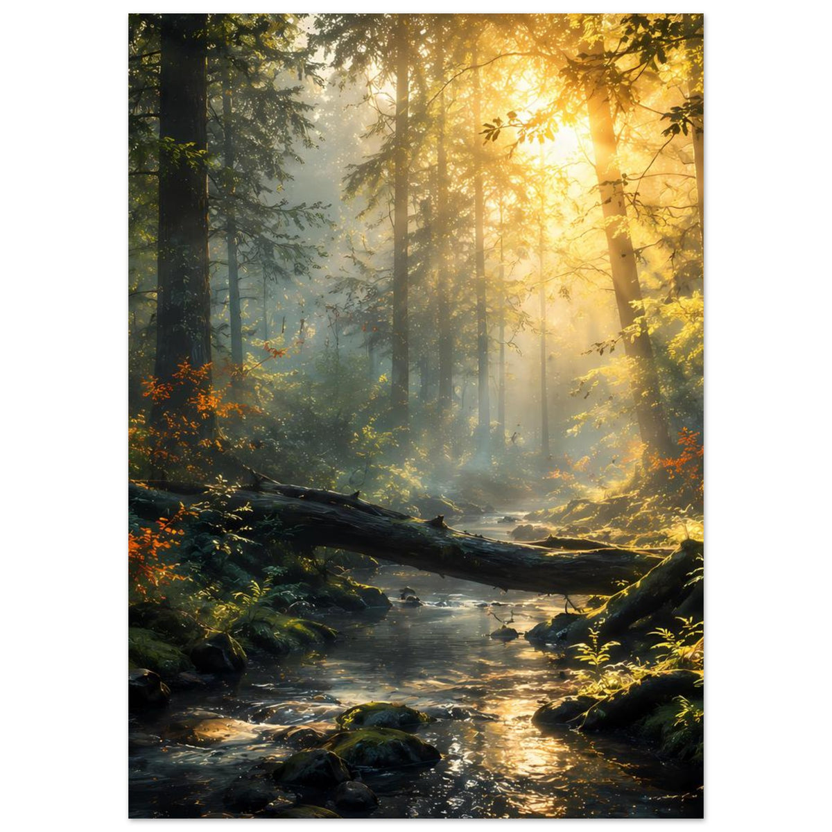 Poster im Hochformat mit Bach im Wald, dunklen Steinen und leuchtendem Licht