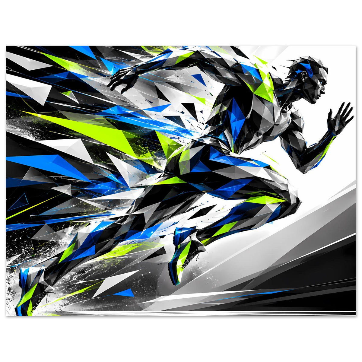 Laufkunst-Poster (horizontal) mit geometrischem Läuferkopf und Armen, Blau/Schwarz/Neon-Grün