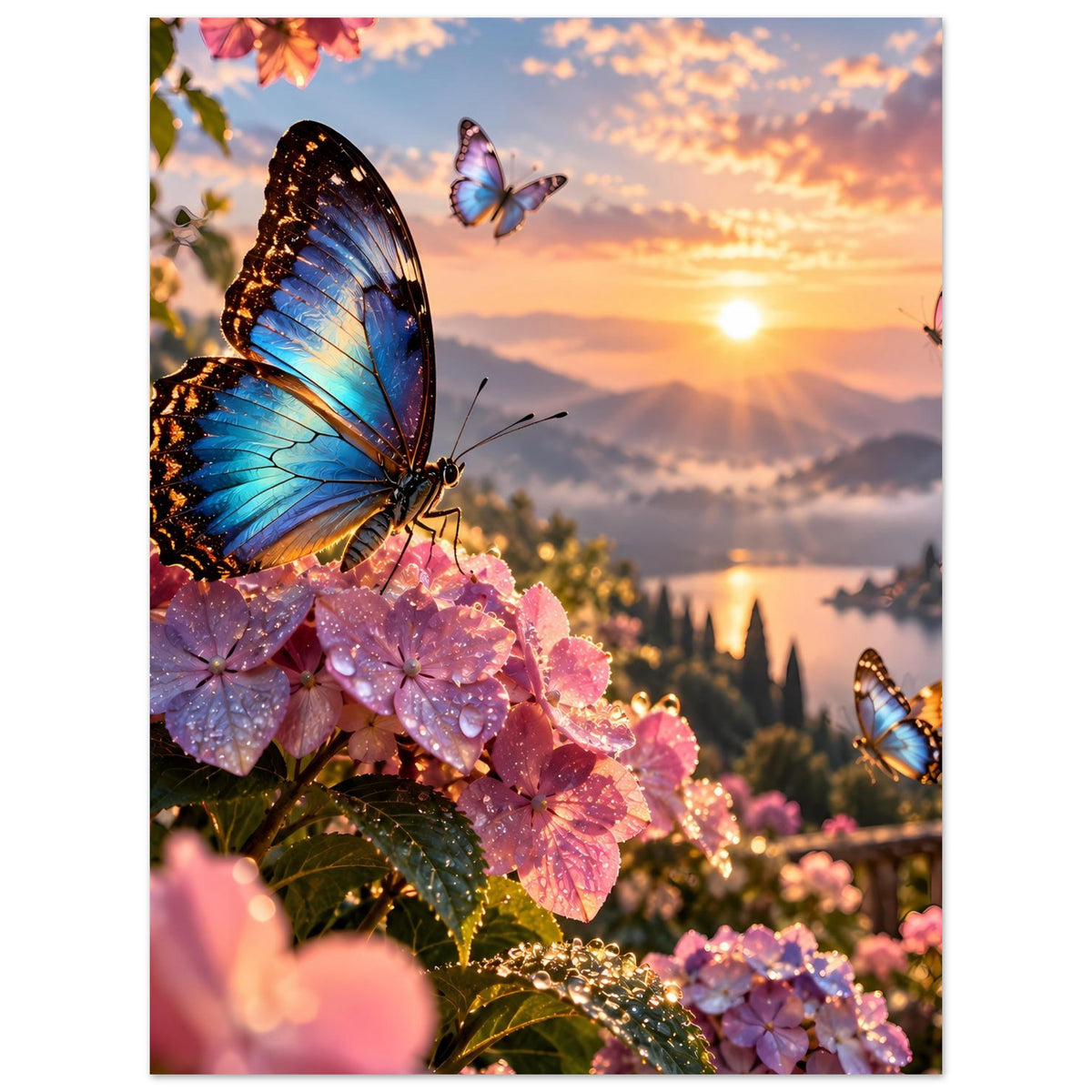 Vertikales Poster mit blauen Schmetterlingen auf rosa Blüten vor Sonnenuntergang-Landschaft