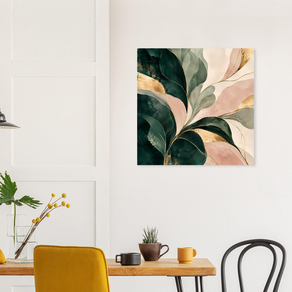 Kunstposter mit abstrakter Farbkomposition in Dunkelgrün, Rosé und Gold