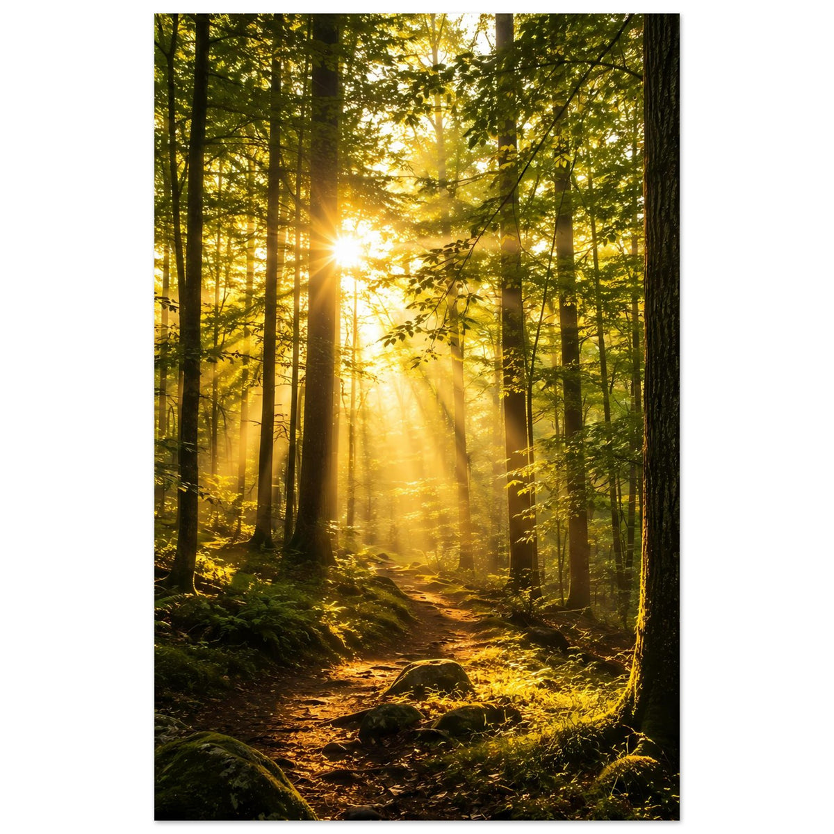 Kunstdruck-Poster Hochformat Sonnenaufgang im Wald: Sonnenlicht zwischen hohen Bäumen.