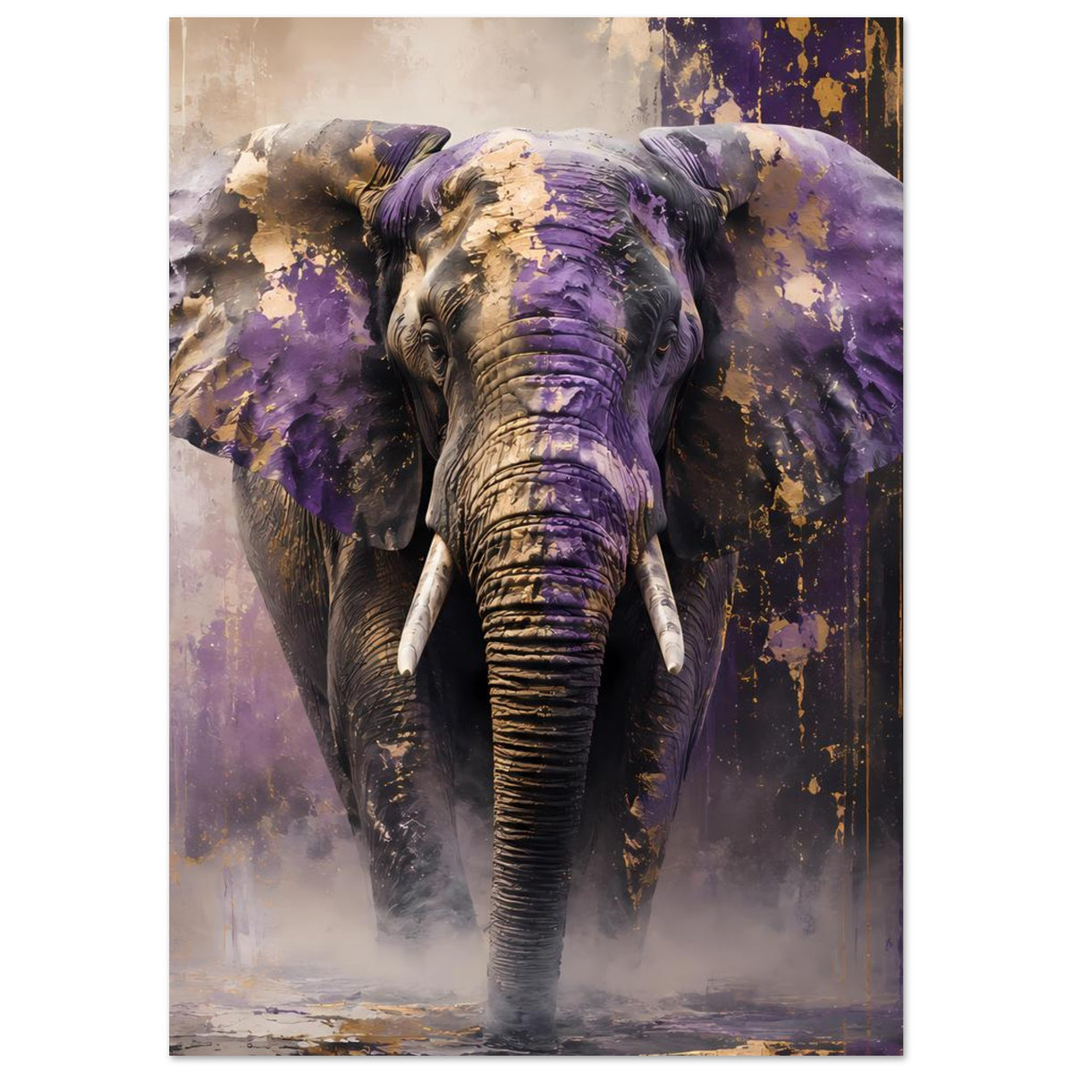Abstraktes Elefantenposter: ganzer Elefant mit violetten Farbfeldern, goldene Sprenkel im Hochformat