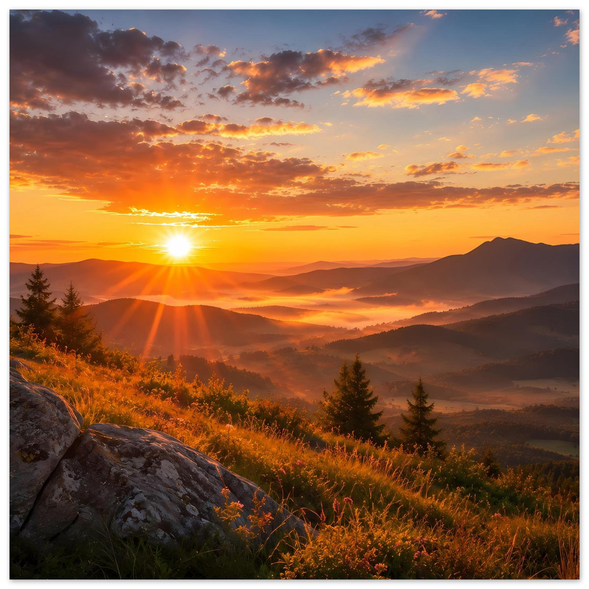 Landschaftsposter im Querformat mit goldenem Sonnenuntergang, Bergen, Nebel und Tannen