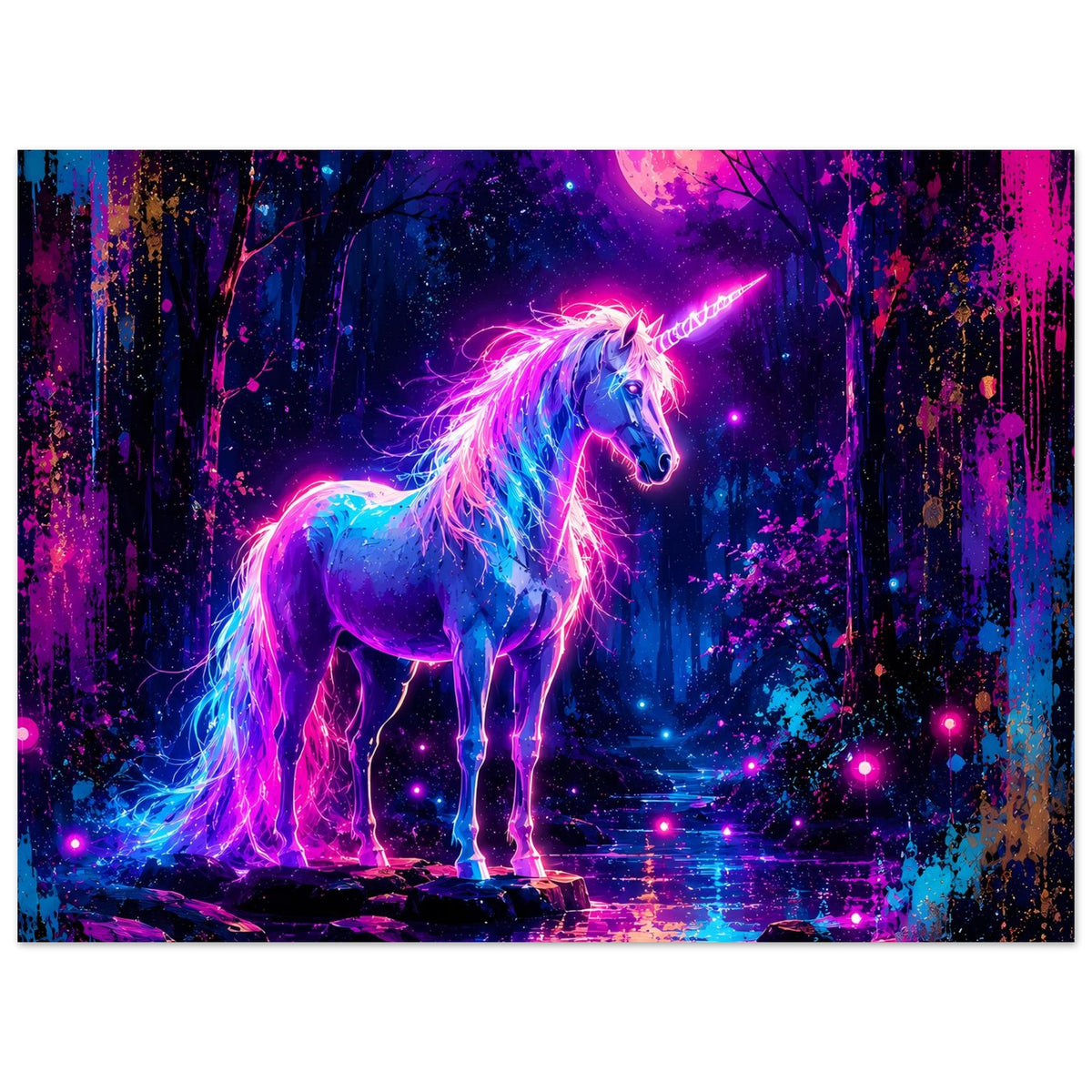 Neon-Einhorn-Poster, leuchtendes Einhorn im Wald mit Vollmond und funkelndem Boden.