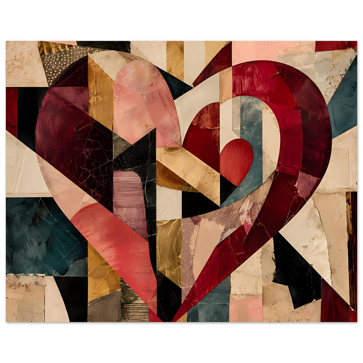 Querformat-Poster mit abstraktem Herz im Cubist-Stil, Rot-, Beige- und Blauschattierungen