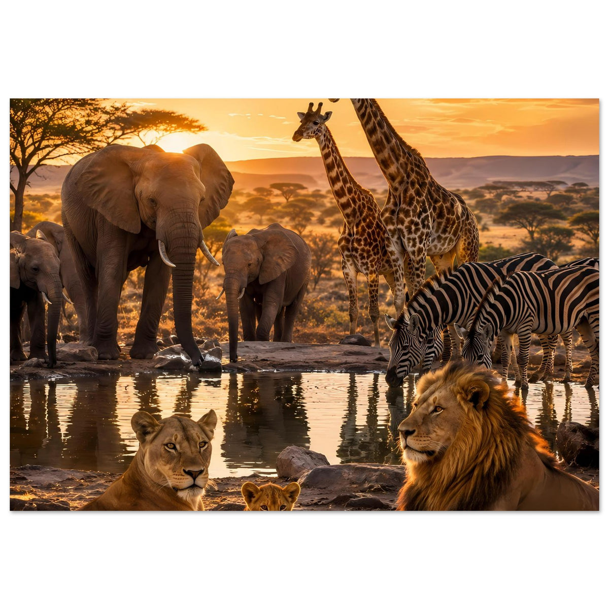Wildtier-Sonnenuntergangsposter mit Löwen, Elefanten, Giraffen und Zebras, waagerecht