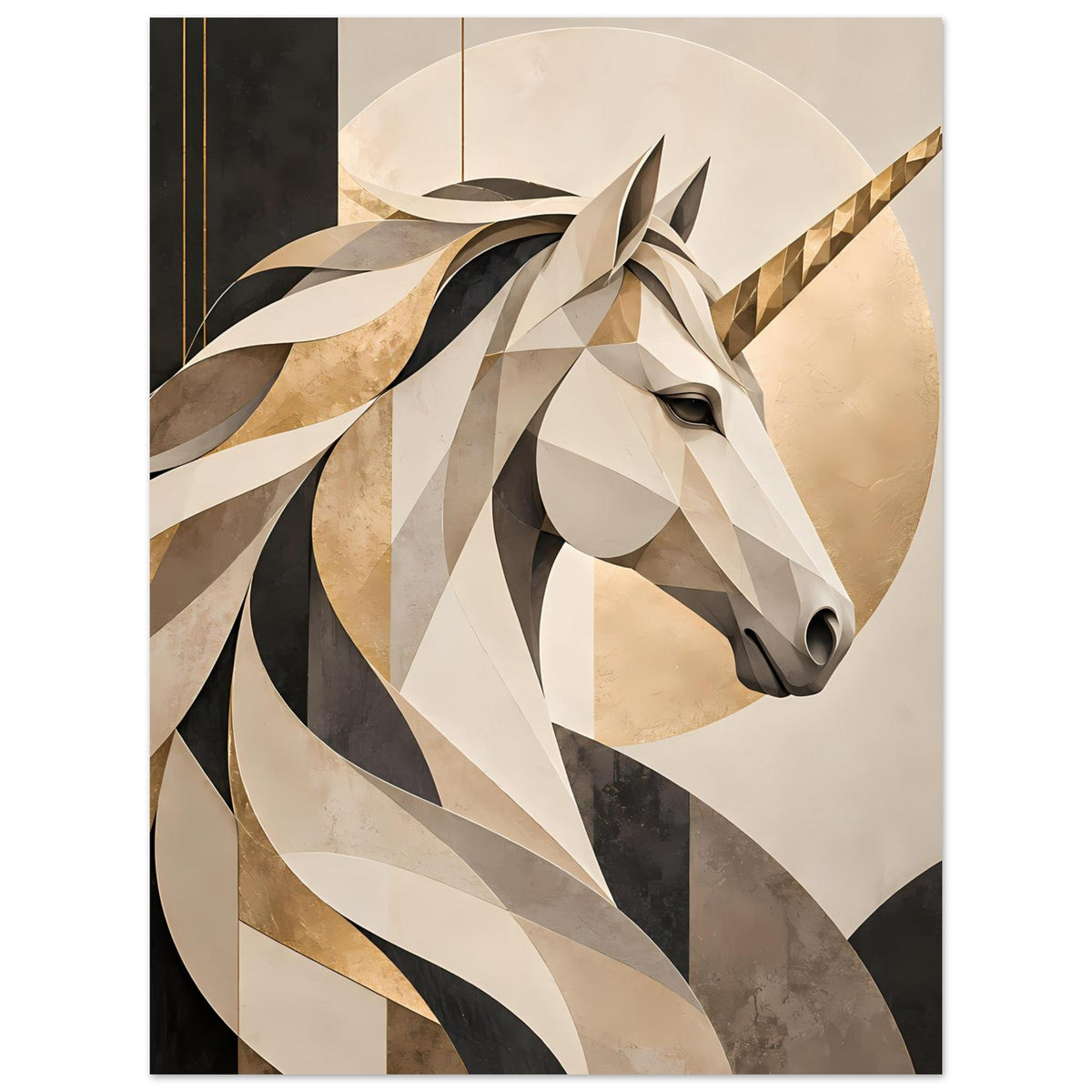 Einhornporträt-Poster, zentrierter Einhornkopf mit geometrischer Mähne und goldfarbenem Horn